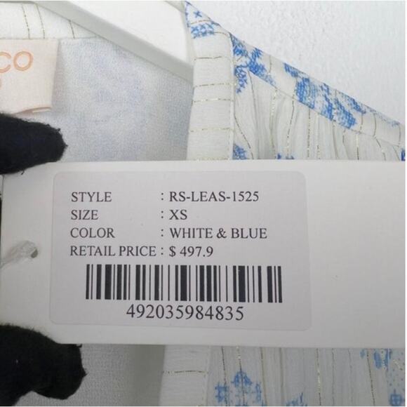 NWT Rococo Sand Leas Long Floral Cutout Maxi Dress White Blue Metallic - Picture 13 of 14